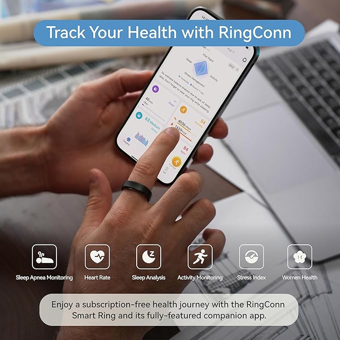 RingConn Gen 2, World’s First Smart Ring with Sleep Apnea Monitoring, No APP Subscription, 12-Day Battery Life, Stress/Heart Rate/Women's Health Tracker, Android & iOS Compatible (Black, Size 9)