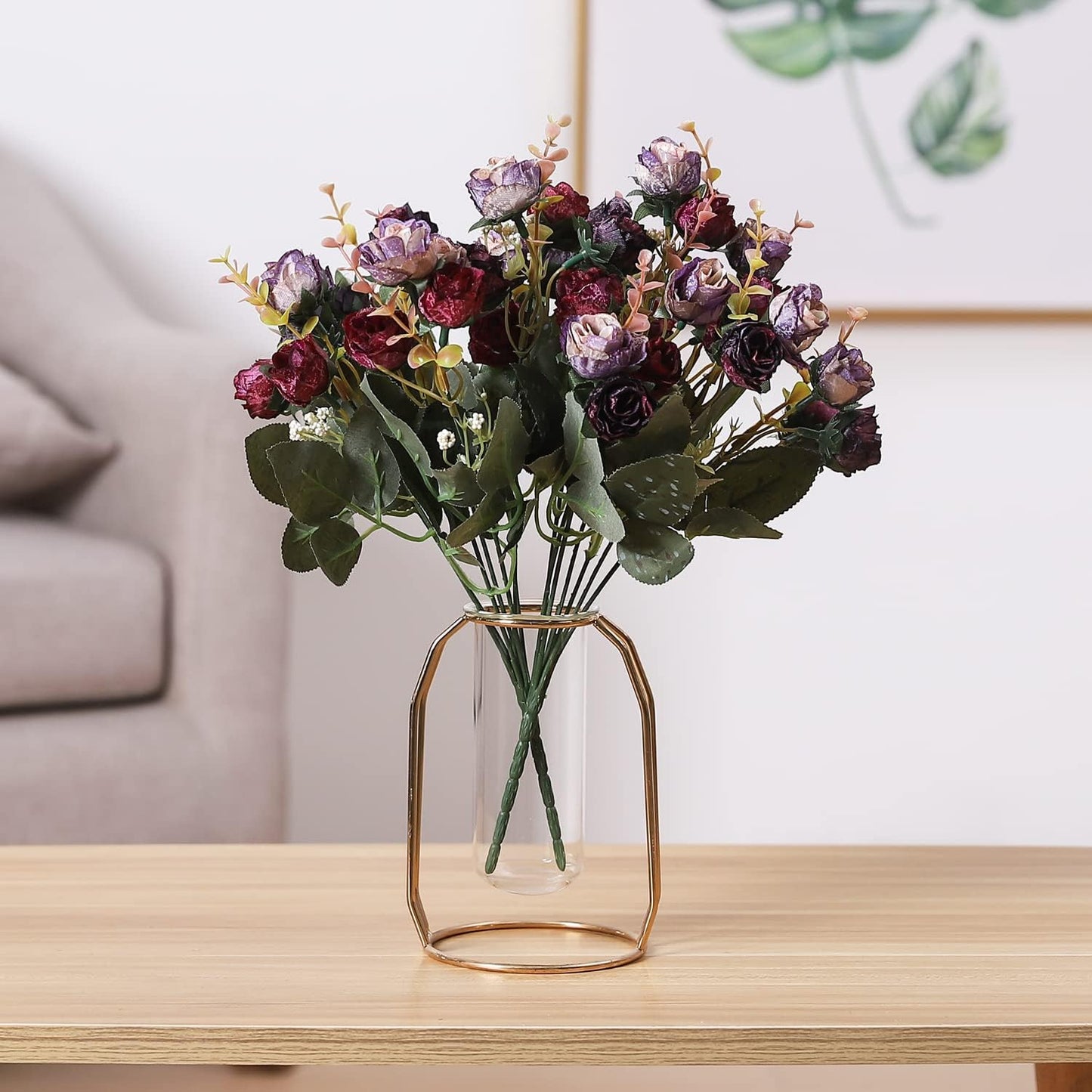 Duovlo 7 Branch 21 Mini Rose Heads Artificial Flowers Bouquet Wedding Home Office Decor,Pack of 2 (2 PCS Purple)