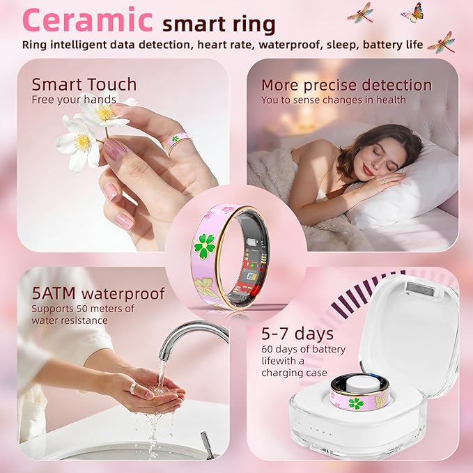 Enamel Craft Smart Ring for Women & Men No Subscription Fee Fitness Tracker with Sleep Tracking, Heart Rate, SpO2 - IP68 Waterproof for iOS Android - Activity Tracker, Remote Camera (Pink, 6)