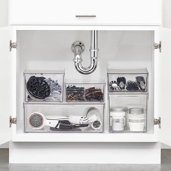 mDesign Plastic Stackable Bathroom Storage with Pull Out Bin Organizer Drawer for Cabinet, Vanity, Shelf, Cupboard, Cabinet, or Closet Organization - Lumiere Collection - Clear