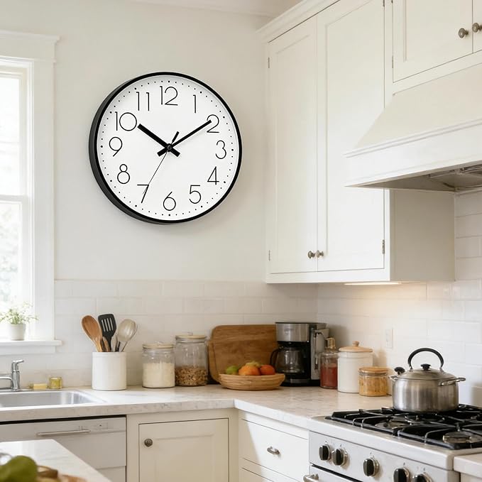 DAXSMY Wall Clock - 14 Inch Silent Non-Ticking Modern 3D Wall Clocks Battery Operated - Decorative Clock for Kitchen, Home Office, Bathroom, Bedroom, Living Room(White)