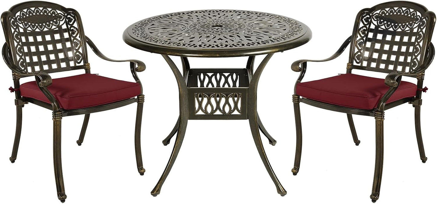 MEETWARM 3 Piece Patio Bistro Set, Outdoor All-Weather Cast Aluminum Dining Furniture Set Includes 2 Chairs with Cushions and a 35.4” Round Table with Umbrella Hole for Garden Deck, Chili Red