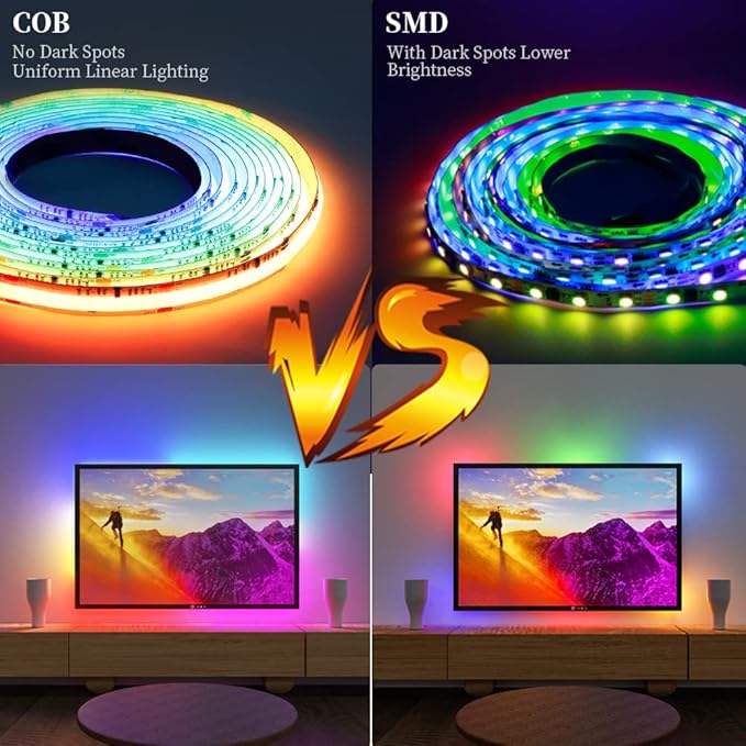 Smart WS2811 IC RGB COB LED Strip 16.4FT/5M, 720LED/m 20IC/M 12mm Width High Density Uniform Chasing Color Light DC24V White PCB Flexible Tape Light(No Adapter or Controller)