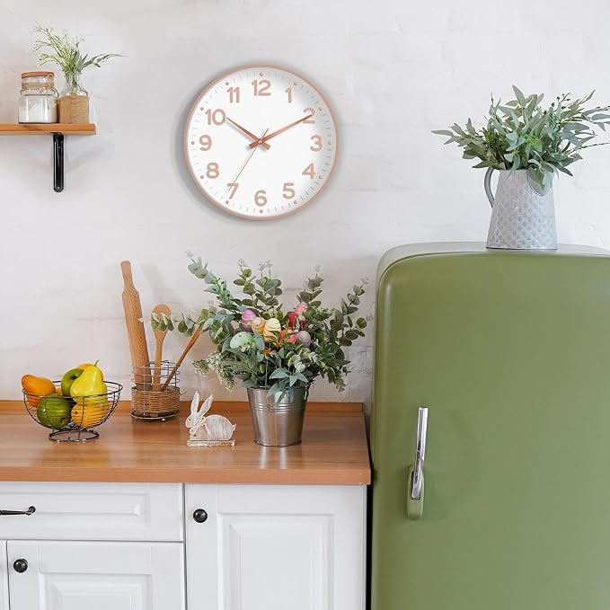 Roymnie Wall Clock 12 Inch Silent Wall Clocks Battery Operated- Modern Non Ticking Analog Clock Decorative for Living Room Bedroom Office Kitchen(White Rose Gold)