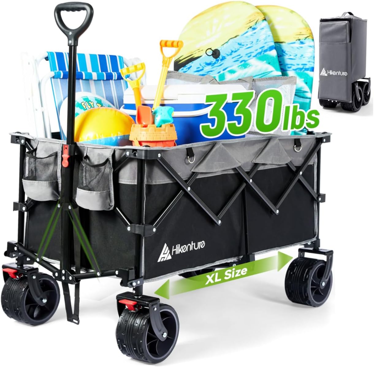 Hikenture Collapsible Wagon Cart, 330lbs Capacity Beach Wagons with Big Wheels for Sand, Heavy Duty Foldable Cart with Brakes, Portable Utility Folding Garden Cart for Outdoor