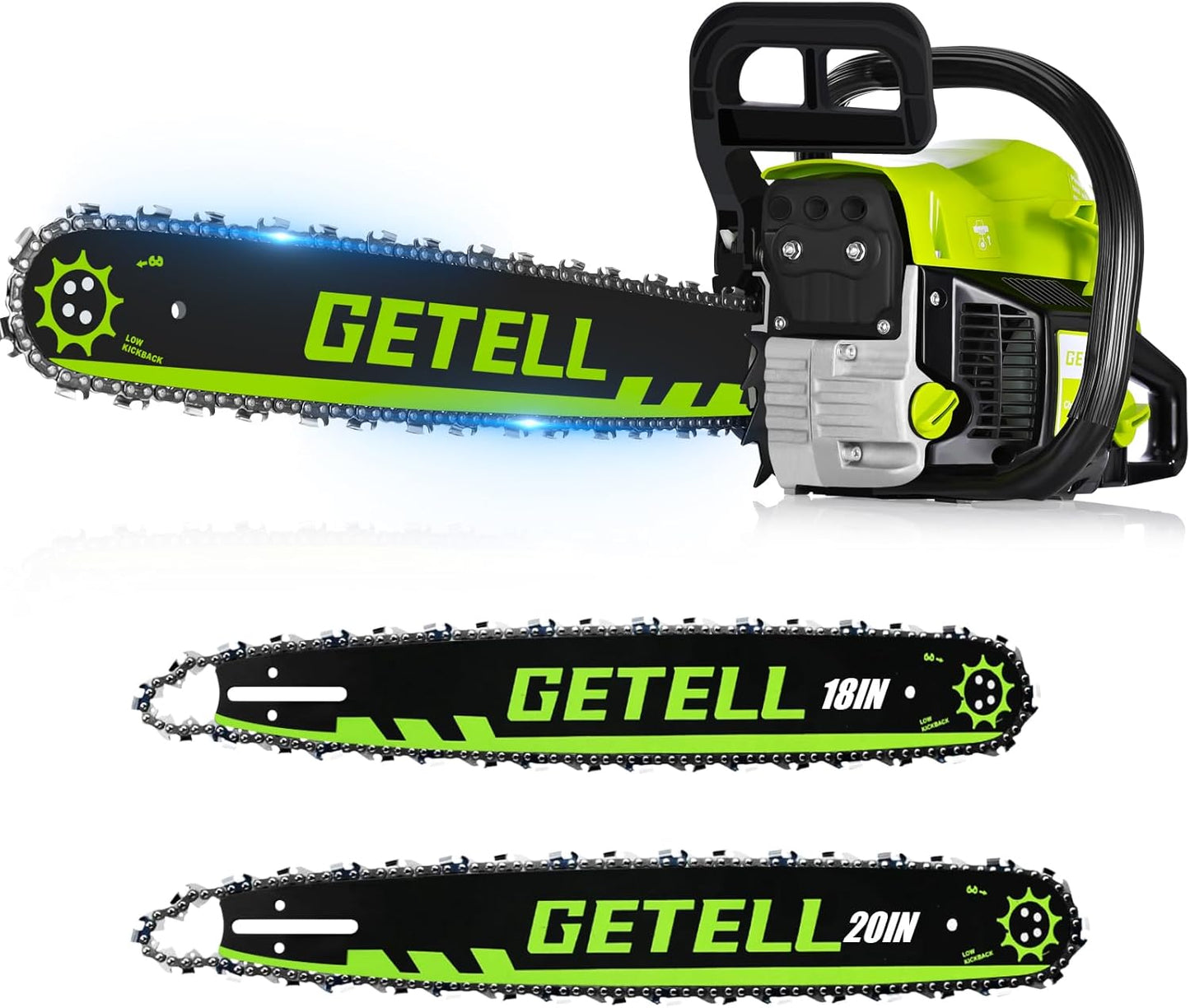 Professional 58cc Gas Powered Chainsaw with Quick-Switch Dual Bar 18/20 Inch System – Heavy Duty Chain Saw with Easy-Start for Tree Cutting, Limbing & Farm Use (GEL9901)