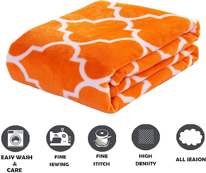 Elegant Comfort Luxury Velvet Super Soft Christmas Prints Fleece Blanket-Holiday Theme Home Décor Fuzzy Warm and Cozy Throws for Winter Bedding, Couch and Gift, 50 x 60 inch, Quatrefoil Orange