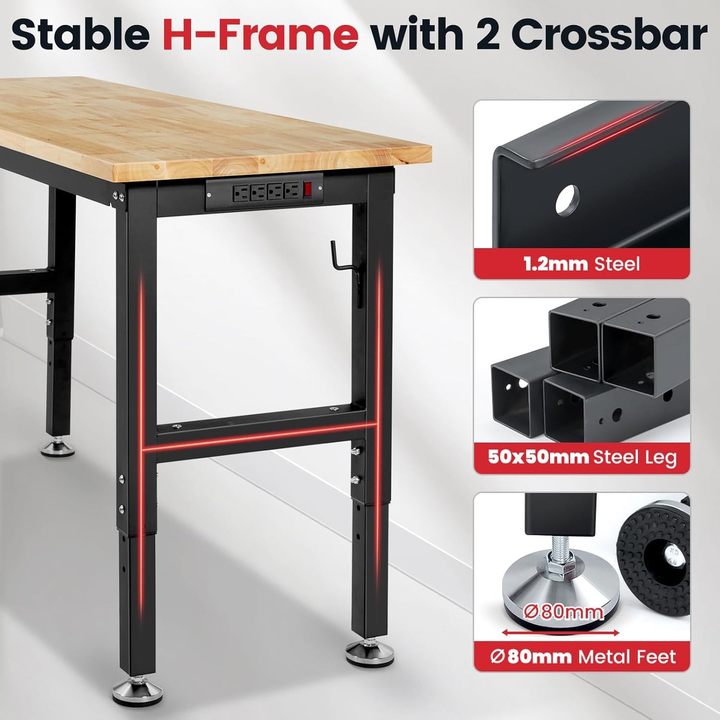 60 Inch Workbench for Garage Adjustable Height Work Bench with Pegboard Power Outlets Rubber Wood Tabletop Work Table for Cutting Wood Woodworking Shop Home Office Electronic