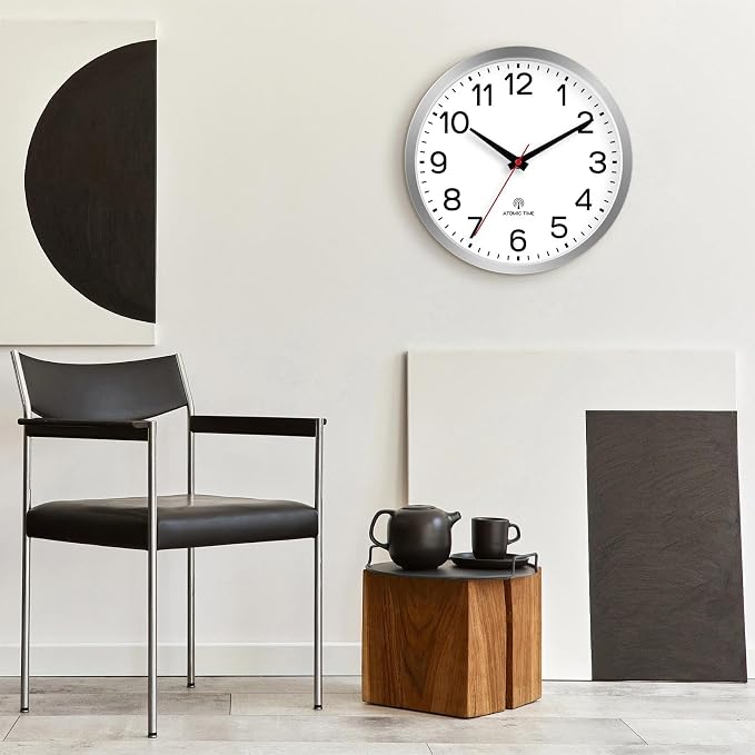 AKCISOT Atomic Silver Wall Clock Analog Clocks Battery Operated Clock for Bedroom Office Classroom Living Room(10 Inch)
