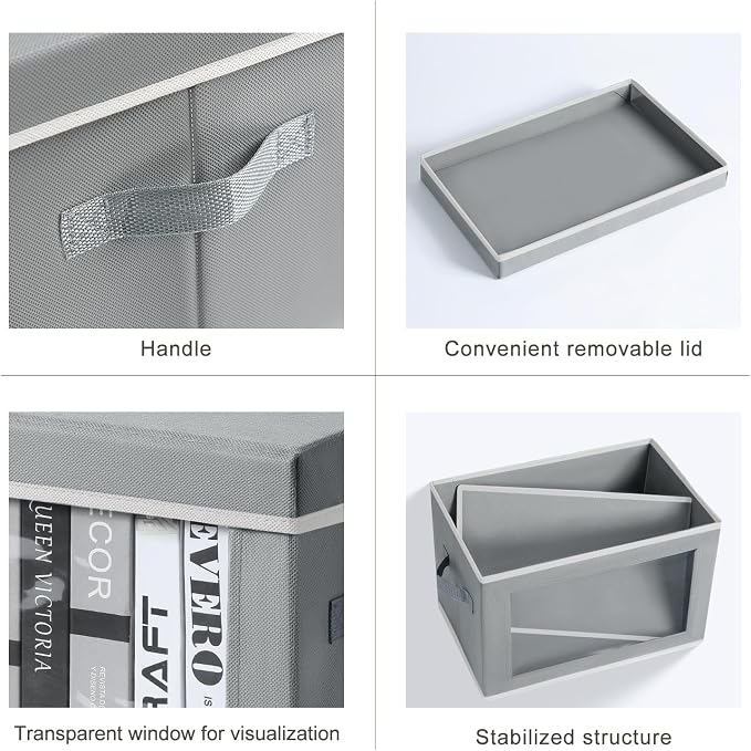 Homsorout Decorative Bins with Lids - Stackable Cube Bins for Closet, 3 Pack Clear Windows Fabric Organizer Bins, Home Organizers and Storage for Clothes, CD, Towels, Grey