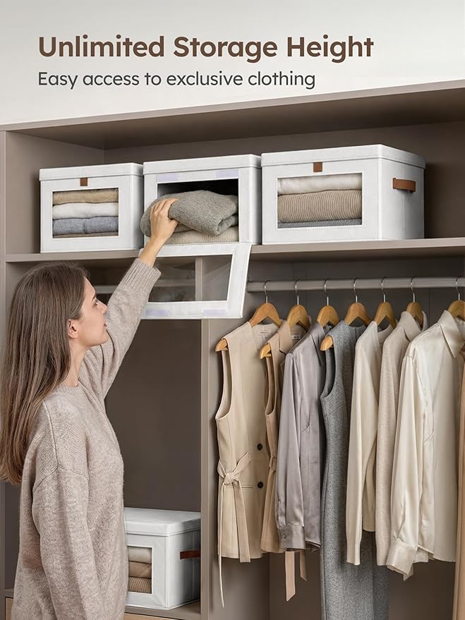 Homsorout Medium Fabric Storage Bins - Closet Shelf Organizer with Open Window, 4 Pack Closet Baskets for Shelves, Stackable Decorative Boxes for Home, Dorm, White, 13.7" x 9.8” x 9.8"