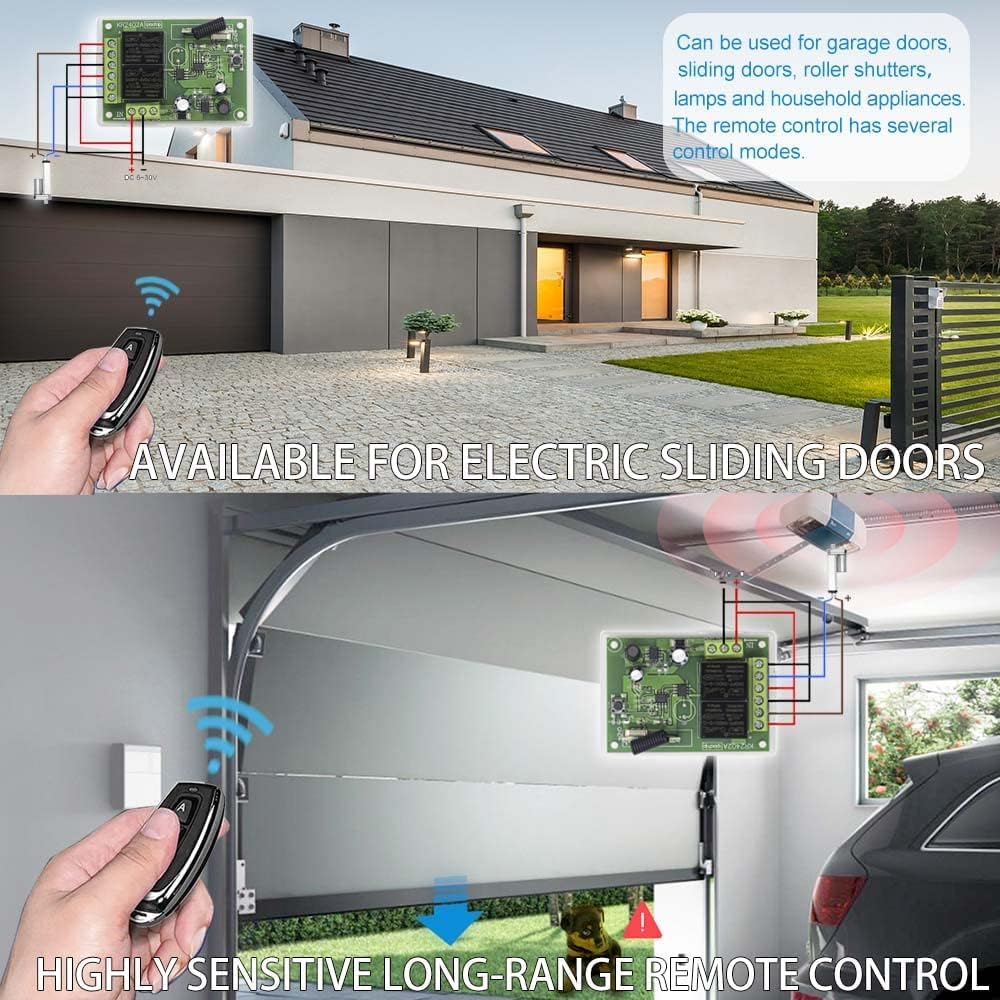 QIACHIP 12V 24V Wireless RF Remote Control Relay Switch Universal 2 Ch 433MHz Receiver Momentary or Toggle Switch with 2 Transmitters for Garage Door Openers LED Lights Motor Curtain