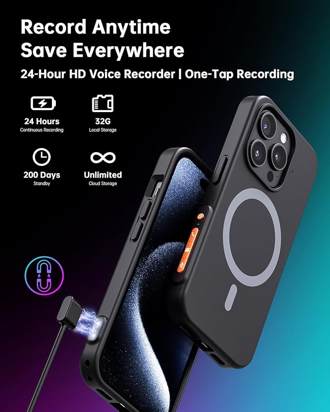 Yorlu AI Recorder Device, AI Recorder Phone Case with Transcribe＆Summarize, AI Noise Cancellation, Note Audio Recorder for Lectures