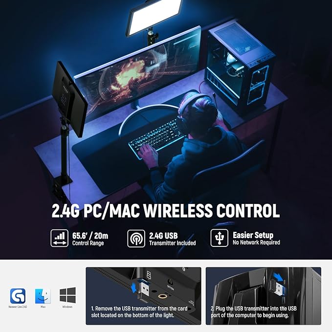NEEWER 25W 12.9" Streaming Key Light with Desk Stand/2.4G Remote/USB Transmitter, PC/Mac APP Control 2300Lx/0.5m 2900-7000K CRI98+ Dimmable Edge Lit Video Panel Light for Webcam Laptop Zoom, GL25B