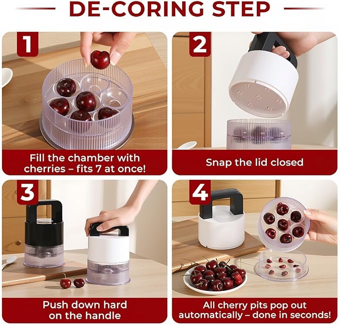 Cherry Pitter Tool, 7-in-1 Cherry Stoner with 1.5" Large Jumbo Cherry Slots | Clear Anti-Splash Pit Container, Easy Press Ergonomic Handle, Dishwasher Safe Multi Fruit Pitter for Homemade Desserts