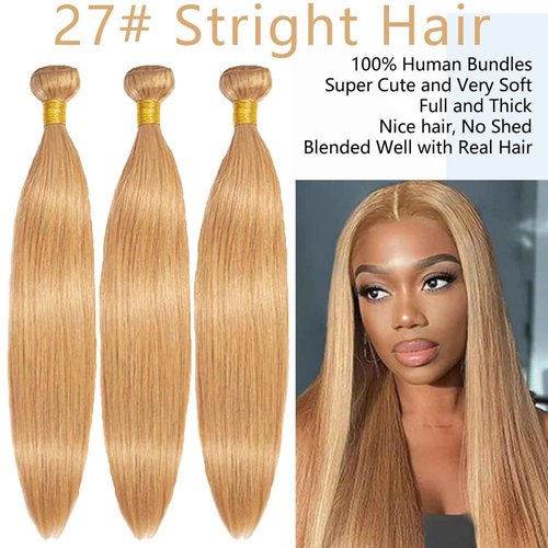Fabimiya 26 28 30 Inch Human Hair Bundles Honey Blonde 27# Straight Bundles Human Hair 100% Unprocessed Soft Sewn In Hair with Double Weft for Black Women