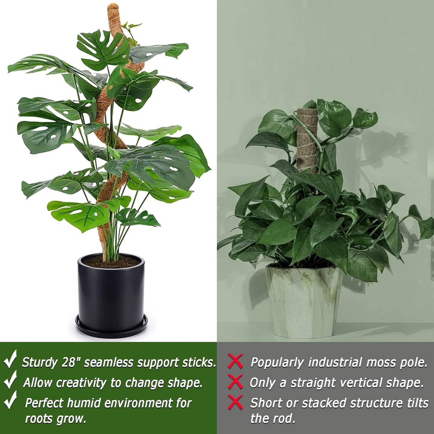 2 Pack Moss Pole, 28 Inch Bendable Moss Pole for Plants Monstera, Moss Poles for Climbing Plants Indoor, Coir Plant Pole Sticks Support Stakes for Potted Plant, Pothos, Philodendron