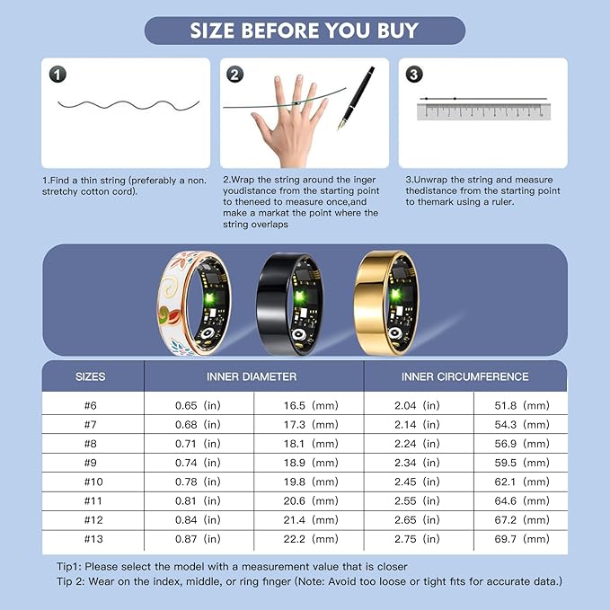 Smart Ring Health Tracker for Women Men, Sleep Tracker with Heart Rate,SpO₂,Blood Pressure, Fitness Ring for Activity Monitoring, No Subscription, Step Tracker Ring for ios&Android (Gold, #11)