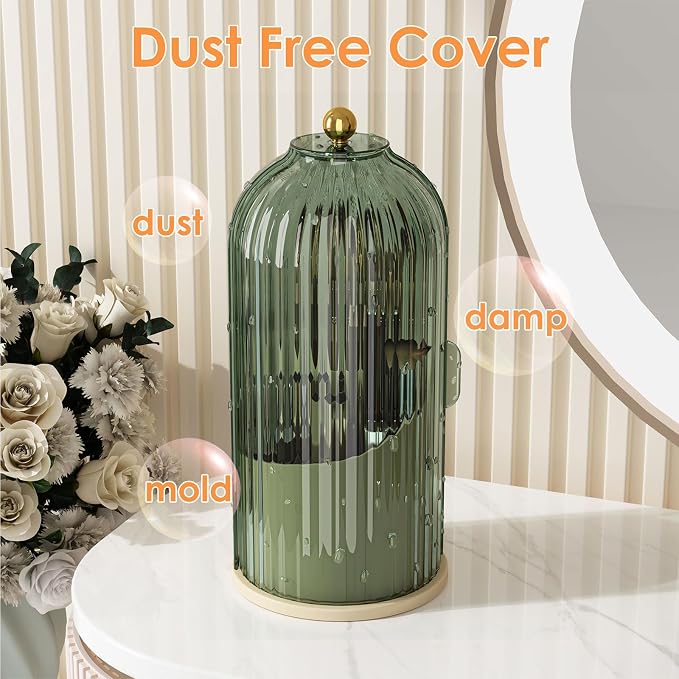 YOOLENS Makeup Brush Holder with Lid 360 Rotating Clear Dustproof Make Up Organizers for Vanity Bathroom Countertop, Green Beige