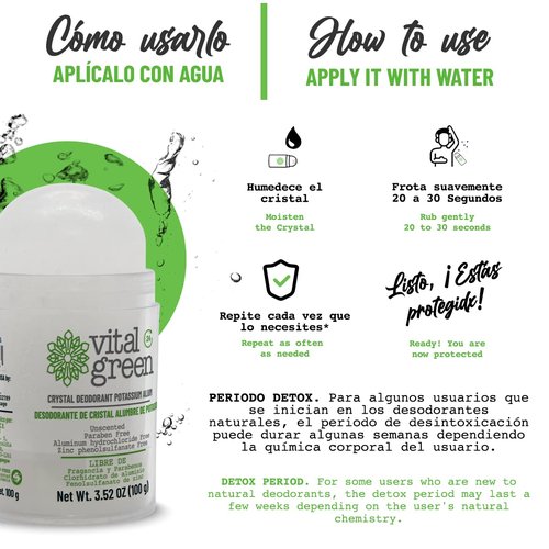 Vital Green Crystal Potassium Alum Deodorant – Unscented Mineral Deodorant For Men, Women And Athletes -3.53oz / 100 g (12 Units)