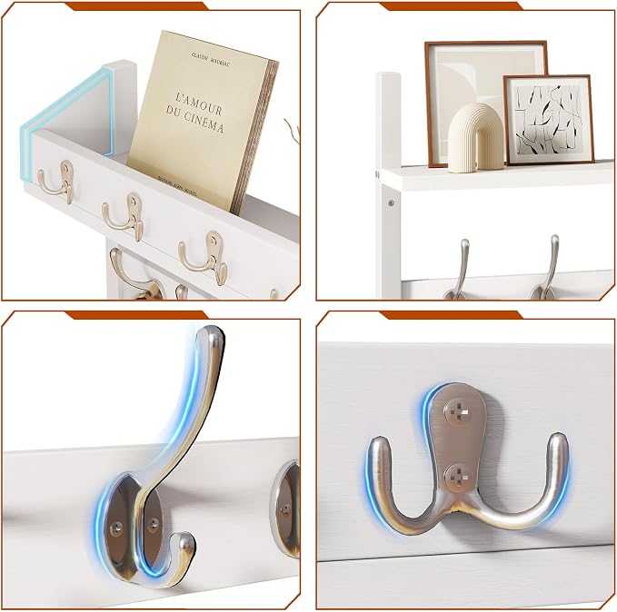 YMYNY 31.5" Coat Rack Wall Mount with Shelf, 4 in 1 Key and Coat Hanger with 12 Metal Hooks, Wall Shelf with Hooks & Mail Holder for Living Room, Bedroom, White, HWS007W-2