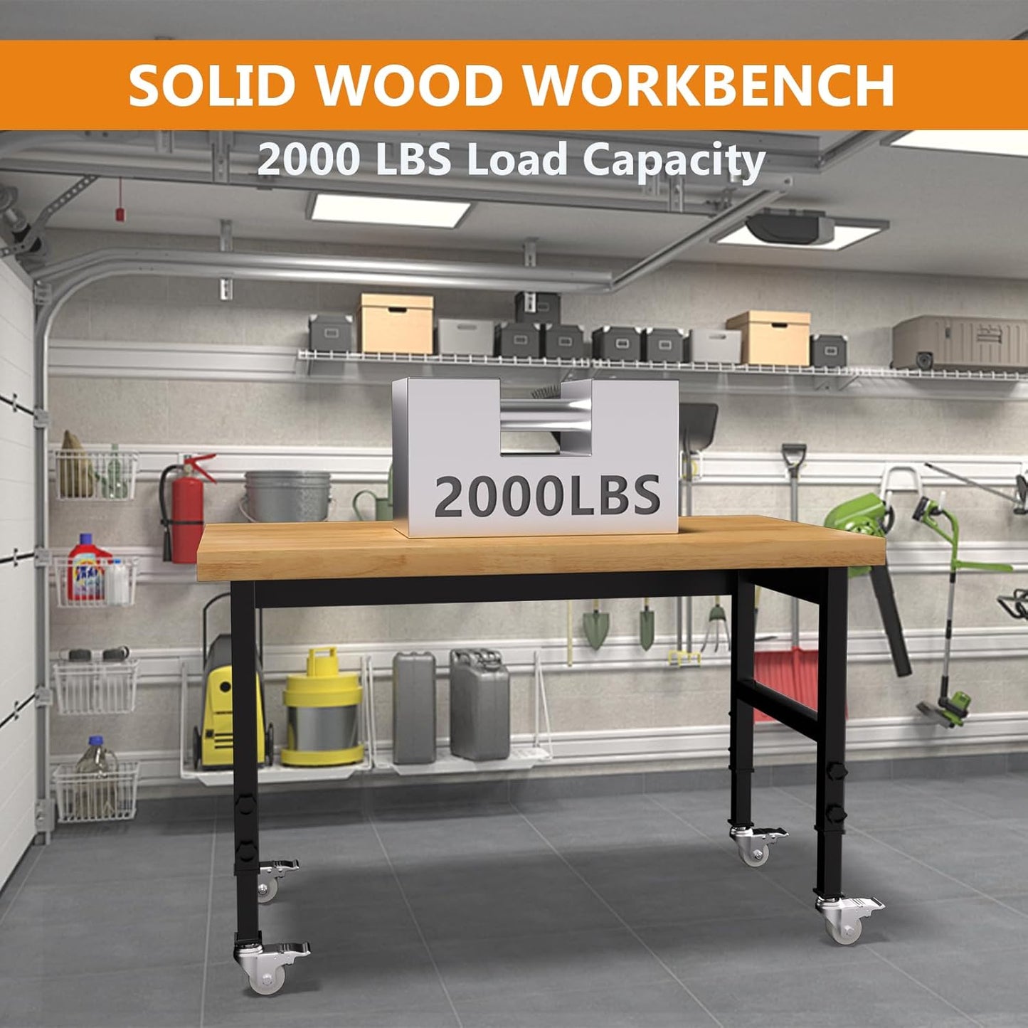 48" Work Bench, Heavy-Duty Solid Wood Workbench, Adjustable Height Work Table, 2000 LBS Capacity Workstation for Garage, Workshop, Home, Office (48" X 24")