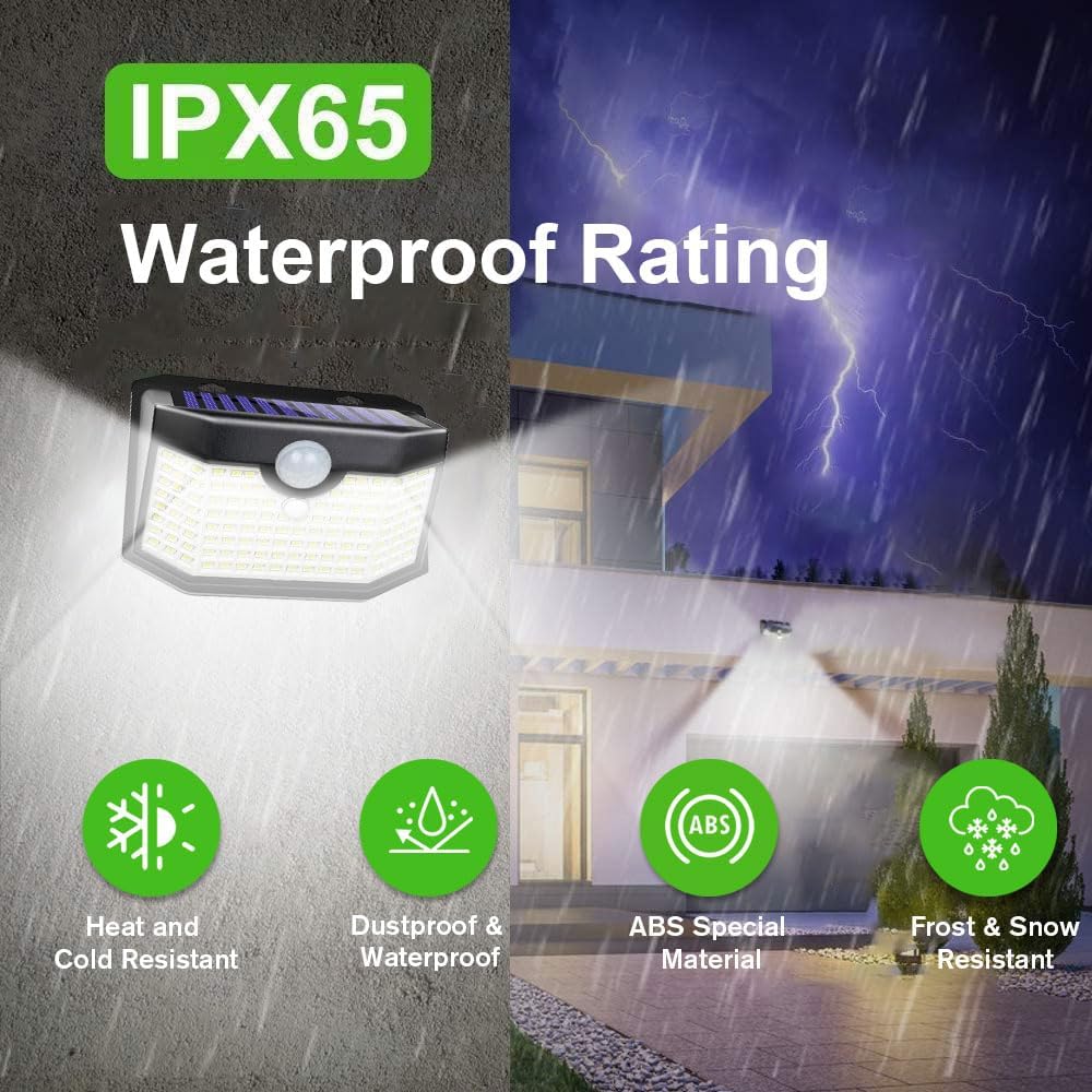 HMCITY 120 LED Outdoor Solar Lights with Motion Sensor and 3 Lighting Modes, IP65 Waterproof Wide Solar Wall Lights Ideal for Garden Patio Yard (Front Button 6Packs, Daylight White)