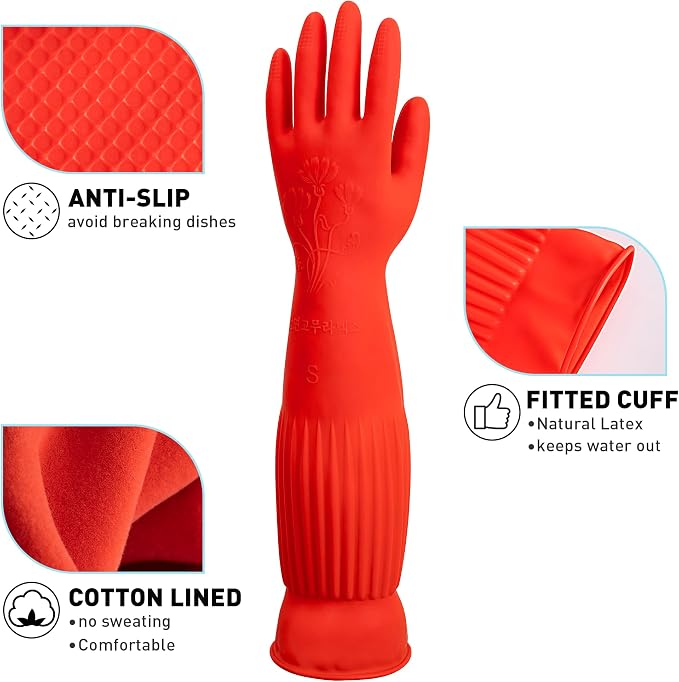 ThxToms Rubber Dishwashing Cleaning Gloves (2-Pair) - Fleece Lined, Reusable, Waterproof with Extra-Long Cuff & Anti-Slip Design for Household & Kitchen Use - Small