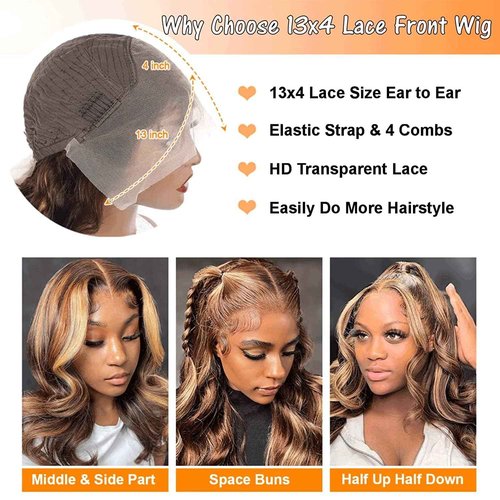 newnavatHoney Blonde Lace Front Wig Human Hair Glueless Wigs Human Hair Pre Plucked 13x4 HD Body Wave Lace Front Wigs 4/27 Colored Highlight Ombre Lace Front Wigs For Black Women Human Hair (28in)