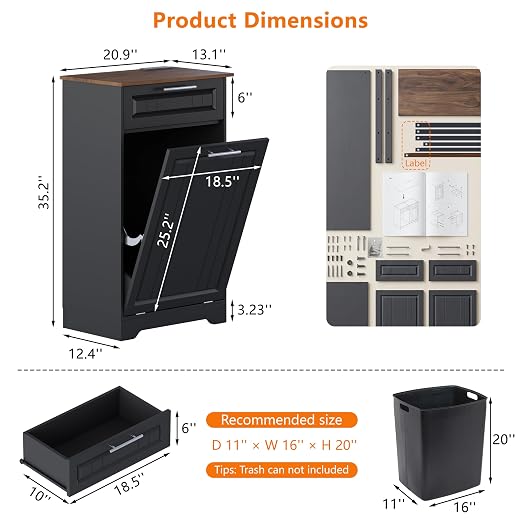 Single 10 Gallon Tilt Out Trash Can Cabinet with Deodorizing Function, Wooden Hidden Garbage Can Holder with Storage Drawers for Kitchen and Dining Room, Laundry Hamper Cabinet for Bathroom, Black
