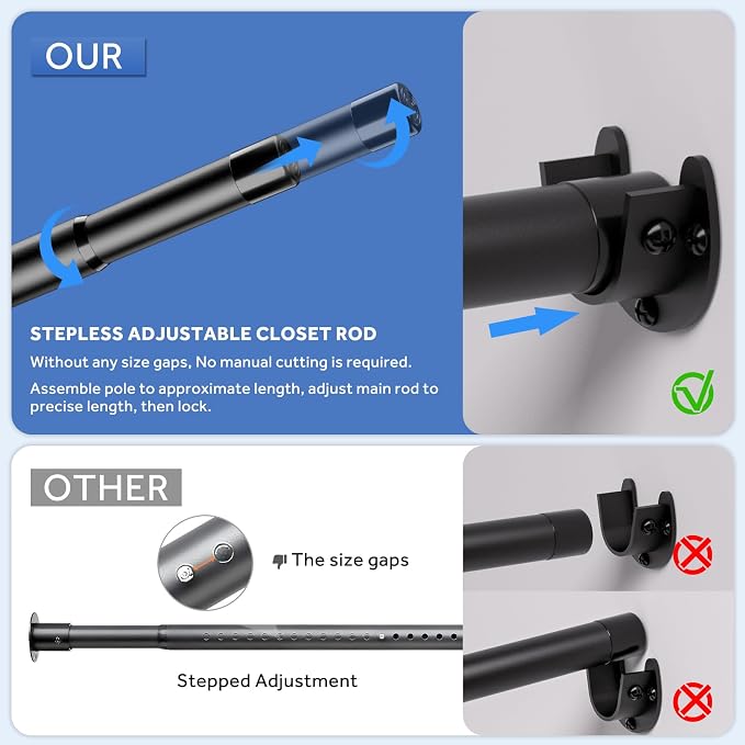 SUTINE Closet Rod, 17 to 38 Inch Adjustable Closet Bar for Hanging Clothes, Heavy Duty Clothes Hanging Rod Closet Poles for Wardrobe, Laundry, Bathroom, Windows, Matte Black, 1.3 Inch Diameter