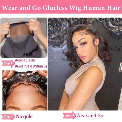 Atilck Wear and Go Glueless Bob Wig - Body Wave Lace Front Human Hair Wigs for Black Women - Pre Plucked and Pre Cut 4x4 Lace Closure - No Glue Needed for Beginners (Natural Black Glueless, 30 Inch)