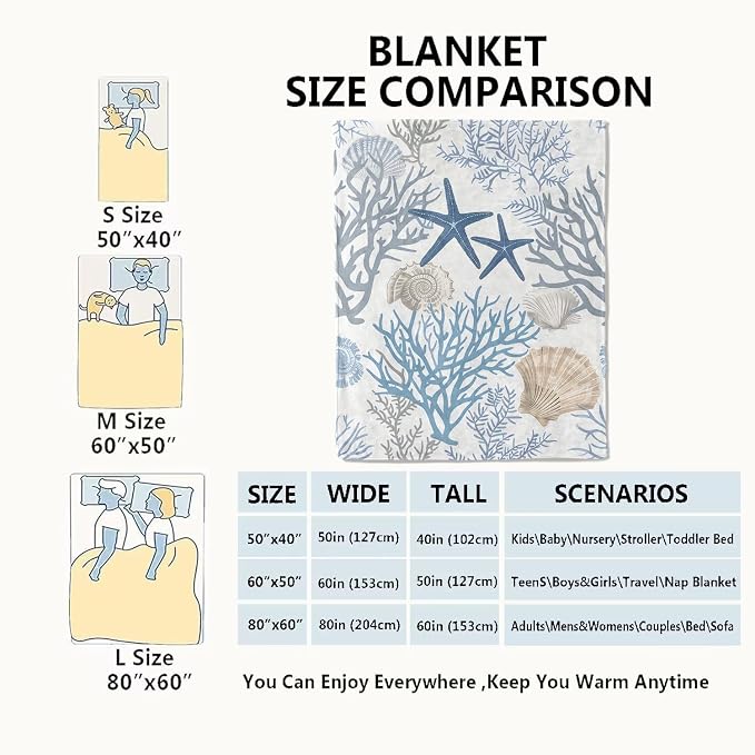 Nautical Coastal Blanket,Ocean Beach Seashell Starfish Throw Blankets,Gifts for Kids & Marine Life Lovers,Lightweight Soft Fleece,for Picnic Sofa Couch Bed Room Travel,Birthday Decor,50x60in