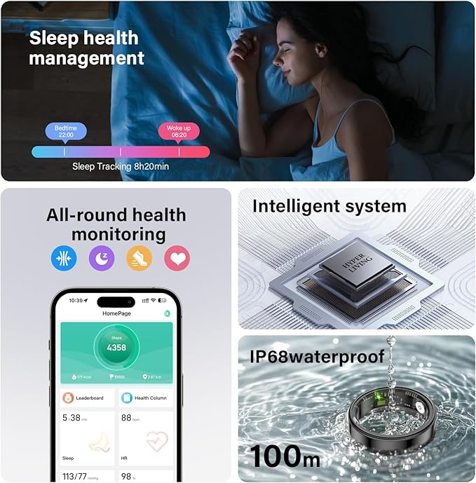 Smart Ring Health Tracker, Fitness Sleep and Heart Rate Monitor Smart Ring, Waterproof Bluetooth Fitness Tracker Ring IPX68 Waterproof (Rose Gold, 12)