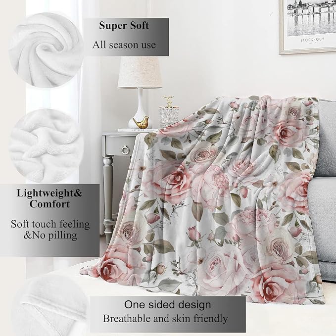 Floral Blanket,Vintage Pink Rose Throw Blankets,Birthday Gifts for Women & Flower Lovers,Lightweight Soft Fleece,for Picnic Sofa Couch Bed Room Travel,Modern Romantic Decor,40x50in