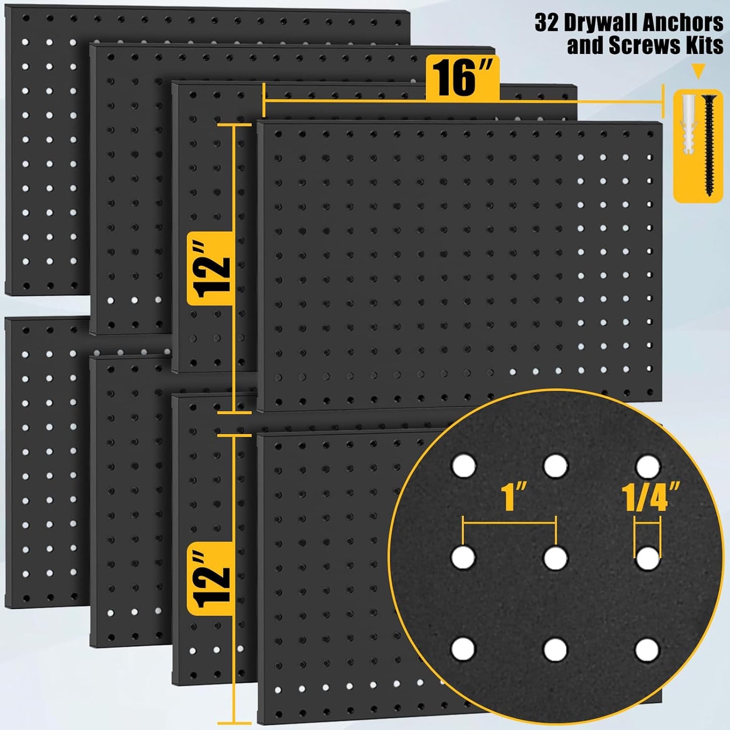 8 Pcs Metal Pegboard Panels, Heavy Duty Peg Boards for Garage and Garden Tool Storage, Includes Drywall Anchors and Screws Kits, Black (8 pcs 16in x 12in)