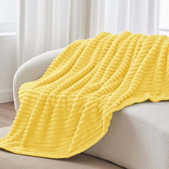 BEDELITE Fleece Throw Blanket for Couch - 300GSM Soft & Warm Fluffy Custard Yellow Blanket, Decorative and Giftable Striped Blankets for Women, Men, 50"x60"