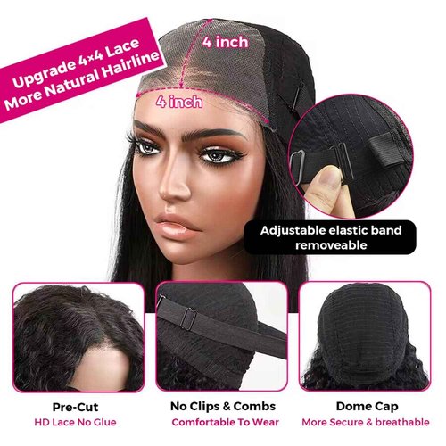 ALLRUN Wear and Go 4x4 Water Wave Closure Wig Human Hair 20 Inch Curly Wig for Black Women Glueless HD Lace Pre-Cut Pre-Plucked Bleached 180% Density