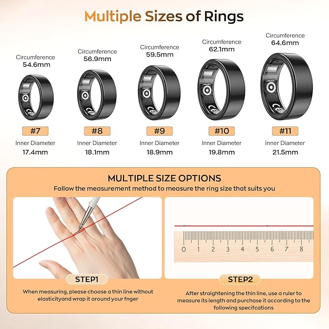 Smart Ring with Sleep Monitoring, Step Counting, Heart Rate for iPhone and Android, No Subscription Fee, IP68 Waterproof Health Tracker (Black, 8)