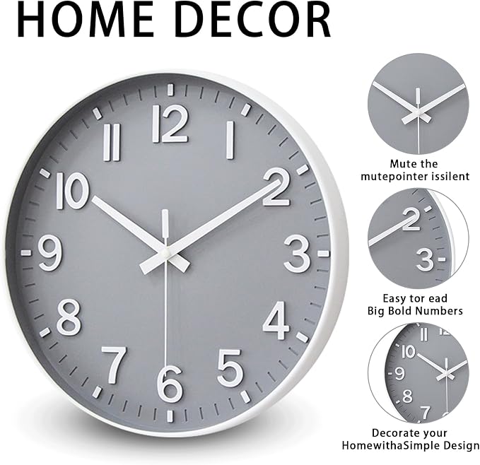 HZDHCLH Wall Clocks Battery Operated,Wall Clock Gray,8 inch Wall Clock Silent Non Ticking Modern 3D Numbers for Kitchen Bedroom Living Room Office Classroom Decor