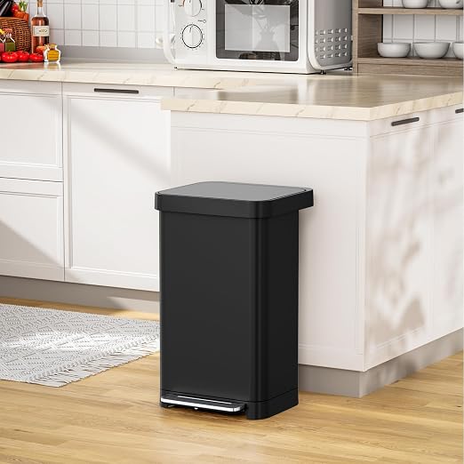Arlopu 50L/13.2Gal Stainless Steel Trash Can W/15 Inner Bags & Rear Trash Bag Storage Compartment, Kitchen Step Trash Can with Lid & Built-in Deodorizer Box, Garbage Bin W/Foot Pedal (Black)