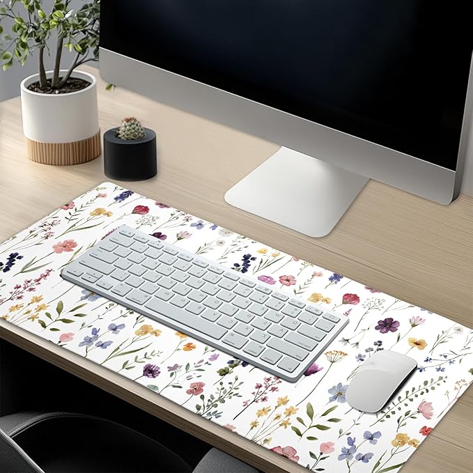 Floral Desk Mat Large Extend Mouse Pad XXL Beige Boho Desk Pad 35.4x15.7 Inch Cute Minimalist Flowers Mouse Pads Flowers Esthetics Computer Laptop Mouse Mat Non-Slip for Home Office Desktop Decor