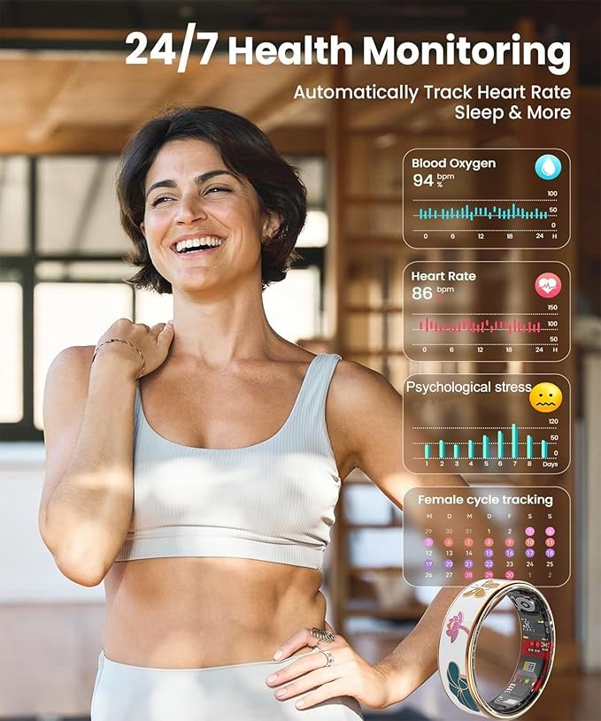 Smart Ring for Women,Fitness Tracker with Heart Rate,Blood Oxygen,Menstrual Cycle,Sleep Monitoring,Step Counting,IP68 Waterproof for iOS and Android,No Subscription Fee (9#)