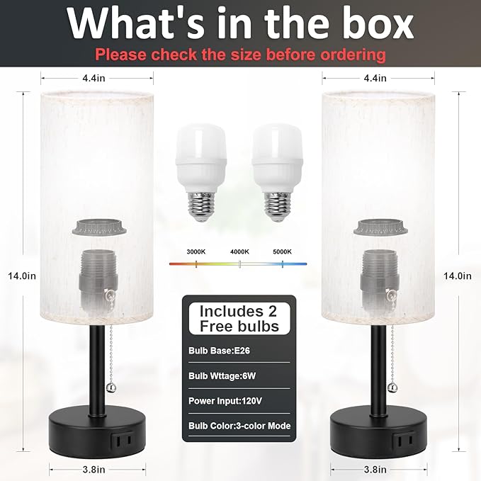 Bedside Table Lamps Set of 2-3 Color Temperatures Pull Chain Lamp with AC Outlet Charging Port, Small Round Night Stand Lamps for Bedroom Guest Room Office, Bed Side Light with E26 LED Bulbs