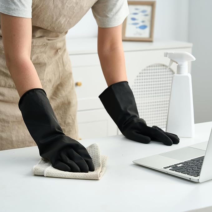 Bamllum 4 Pairs Black Rubber Dishwashing Gloves - Reusable Cleaning Gloves for Kitchen, Household, Anti-Slip, Flexible & Long-Lasting (Medium)