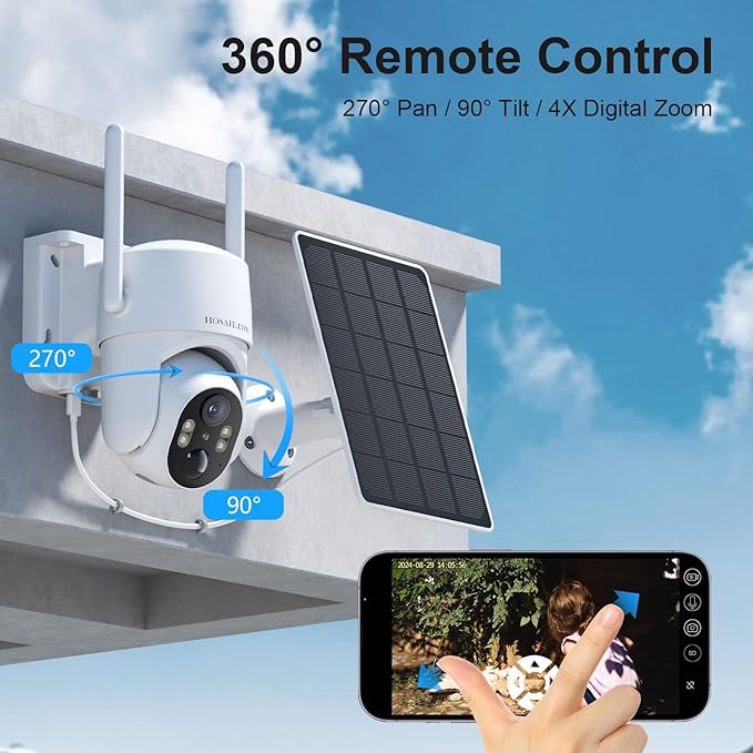 HOSAFE.COM Solar Security Cameras Wireless Outdoor, 360° PTZ Remote Cameras for Home Security Solar Powered, 2K 3MP Security Camera Outdoor Wireless, Free Cloud Storage(Need Apply)