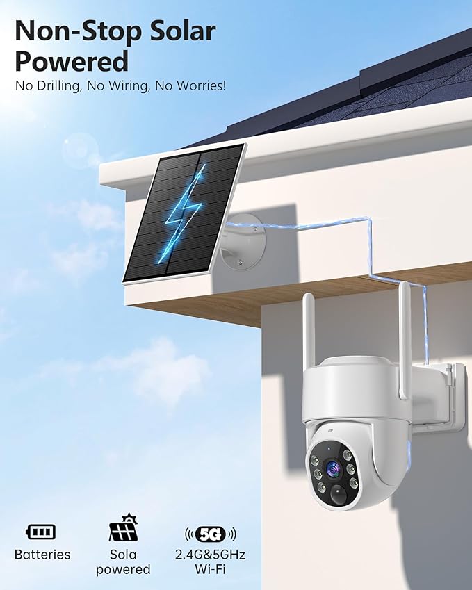 Gianteye 2K Security Cameras Wireless Outdoor, 5G WiFi Cameras for Home Security, 360° PTZ Solar/Battery Powered Outside Cam, 2 Way Talk, Color Night Vision, AI Human Detection for Porch/Garage/Yard