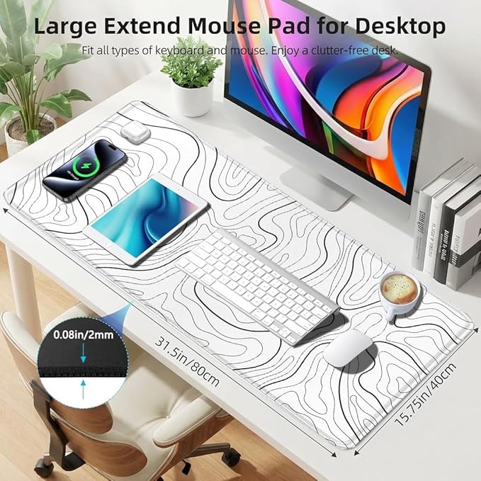 Rcege Large Mouse Pad for Desk - Gaming Mouse Pad with Stitched Edges, Anti-Slip Base for Keyboard and Mouse(White Line, 31.5L x 15.8W inches)