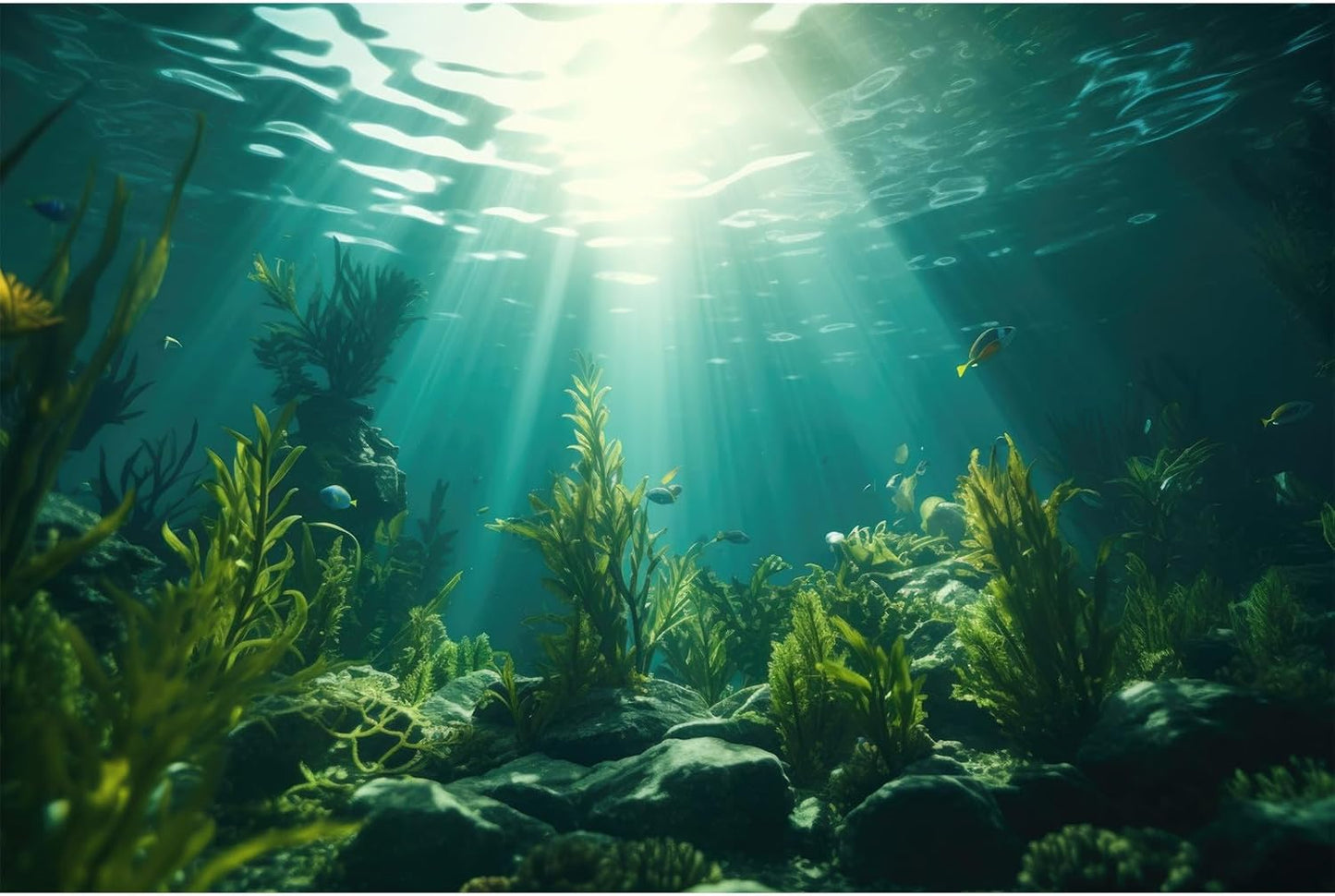 Ocean Aquarium Background Aquatic Plants with Rocks Terrarium Backdrop Sunlight Rays Deep Sea Fish Tank Background Aquarium Wallpaper Poster Decor Vinyl 30x12in