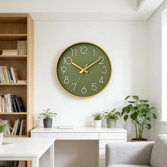 DAXSMY Wall Clock - 10 Inch Silent Non-Ticking Modern 3D Wall Clocks Battery Operated - Decorative Clock for Kitchen, Home Office, Bathroom, Bedroom(Green)